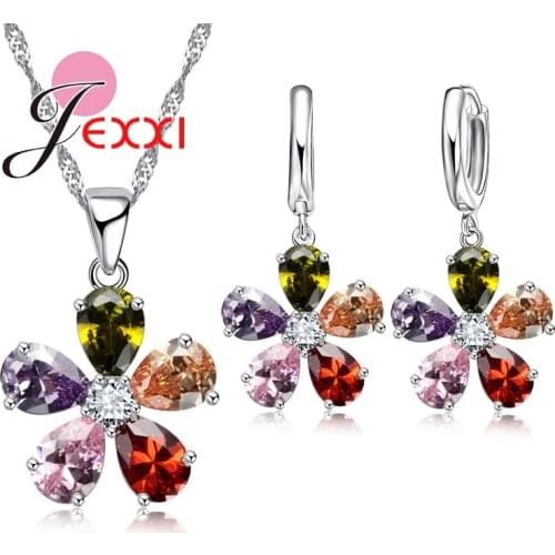 Romantic Gfit For Women Lady 925 Sterling Silver Jewelry Set Birthday Gift Crystal Necklace Earrings For Wedding Party
