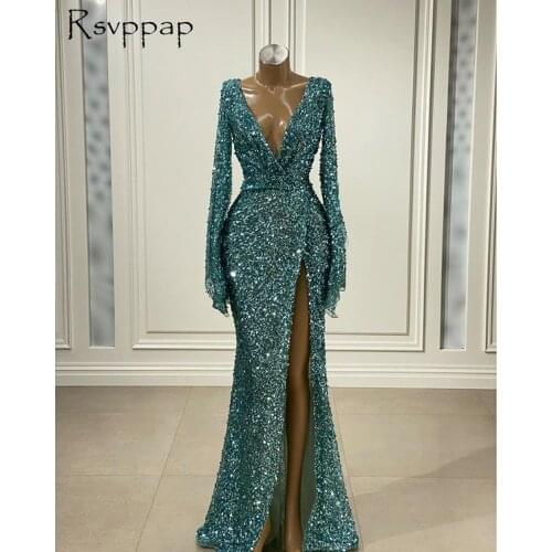Luxury Long Evening Dresses 2021 Deep V-neck Long Sleeve Sexy High Slit Dubai Women Mermaid Formal Party Evening Gowns