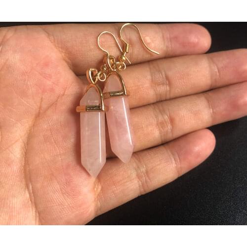 Fashion Natural Stone Hexagonal Cylindrical Alloy Earrings Pink Crystal Quartz Pendant Ladies Jewelry Gifts for Women