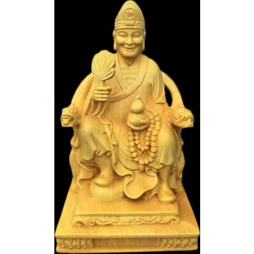 Boxwood 10cm Ji Gong Sculpture Crazy Monk Wood Carving Sitting Buddha Status Feng Shui Home Decor