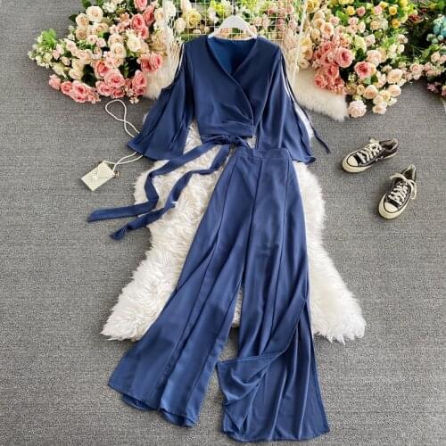 Womens sets women shirts v-neck long flared sleeves crop tops solid color womens tops + woman pants wide leg pants 2021 hot