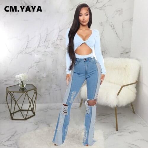 CM.YAYA Women Jeans Patchwork Ripped Hole Mid Waist Pockets Zipper Skinny Flare Denim Pants Fashion Trouser Autumn Streetwear