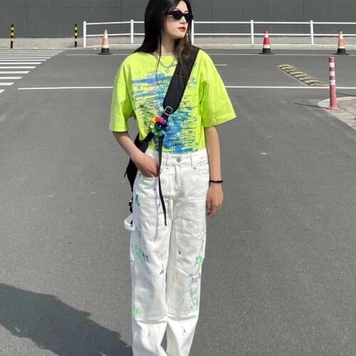 Womens Autumn High Waist Straight Graffiti Jeans 2021 New Casual Fashion Harajuku Tie-dye Trousers Street Apparel Stitching Y2k