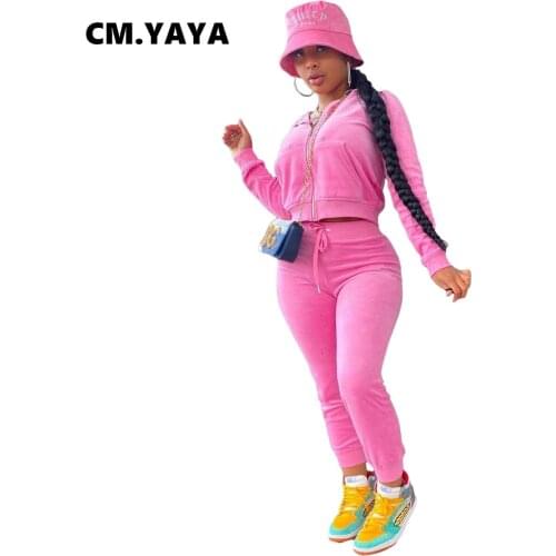 CM.YAYA Women Tracksuit Solid Velvet Zip Hooded Crop Tops + Pants Two 2 Piece Sets Fashion Outfits Active Sportswear Autumn 2021
