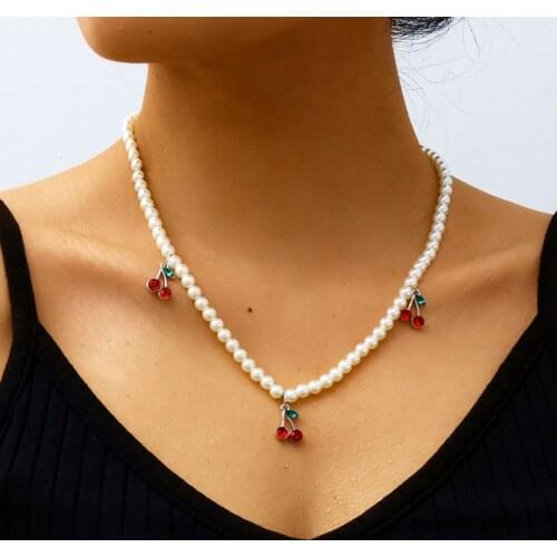 Chic Temperament Imitation Pearl Beads Red Crystal Cherry Pendant Necklace Women Fashion Geometric Necklace Jewelry XR3210
