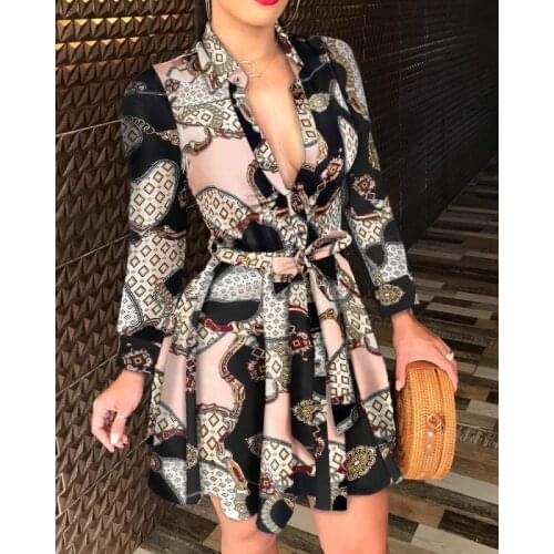 Wsevypo Women Casual Long Sleeve Mini Shirts Dress Vintage Printing Single-breasted Bandage High Waist Short A-Line Fall Spring