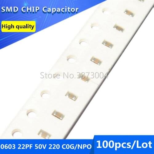 100pcs 0603 22PF 50V 220 C0G/NPO 5% SMD Chip Capacitor