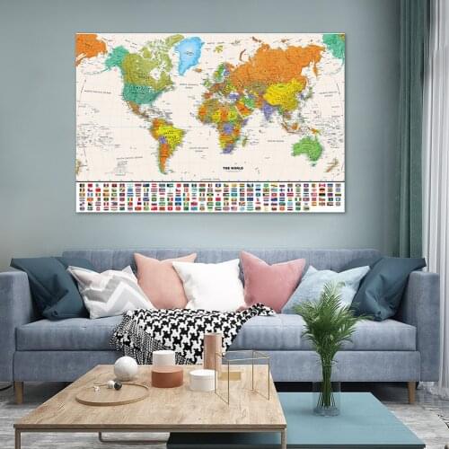 130*90cm The Vintage World Political Map with National Flags Wall Art Poster Spray Canvas Painting Home Decor School Supplies