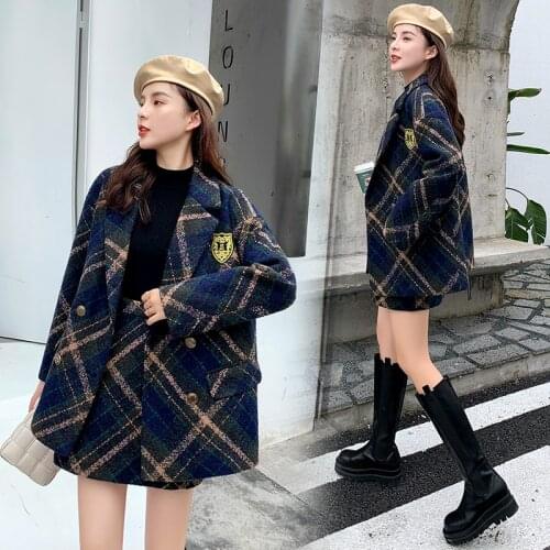 2020 New Winter Korean Chic Cashmere Plaid 2 Piece Set Women Turn Down Collar Blazer Jacket + A-line Tweed Skirts Lady Suits