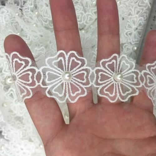 28yards wide 30mm white flower Pearl Beaded & Embroidery net Lace Trim beaded trim for craft sewing