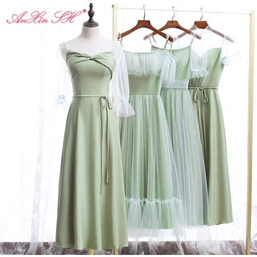 AXJFU princess Bridesmaid Dress 2020 new summer small and simple atmosphere little fairy middle long green bow Bridesmaid Dress