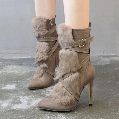 JINJOE Winter shoes Woman luxury Famous Strap Pumps Really plush Rabbit Fur ankle Boots Women cross 12cm pumps boots