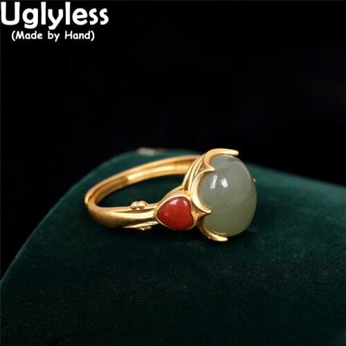 Uglyless Crown Frame Natural Agate Jade Gemstones Rings for Women Heart-shape Agate Jewelry Gold 925 Silver Fashion Dress Rings