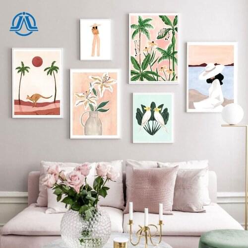 Summer Girl Tropical Leaf Flower Landscape Wall Art Canvas Painting Nordic Posters And Prints Wall Picture For Living Room Decor