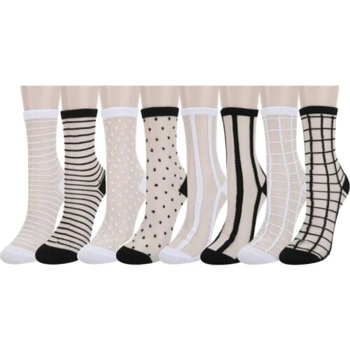 RMSWEETYIL 4Pairs Sheer Socks Women Lace Fishnet Mesh Nylon Silk Tulle Transparent Black White Pattern Thin Ladies Ankle Sock