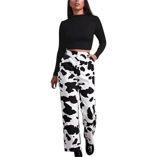 2021 new denim trousers Fashion Women High Waist Loose Pocket White Cow Print Jeans Pants Wide Leg Pants harajuku Pantsuits