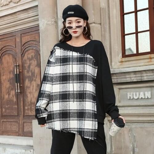 Japan Style Autumn Winter New Fashion Sweatshirt O Neck Patchwork Plaid Irregular Hem Loose WomenTops