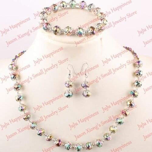 One set Handmade Rainbow Crystal Glass Beads Jewelry Set Necklace,Earring and Bracelet 275