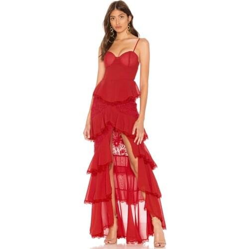 Alluring Embroidery Lace Ruffle Chiffon Bandage Red Dress Spaghetti Strap Front Slit Sleeveless Cold Shoulder Maxi Femme Dress