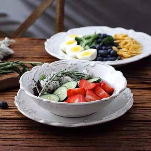 French Retro Ceramic Western Food Plate Creative Floating Sculpture Flower Ox Row Household Rice Bowl Vegetable