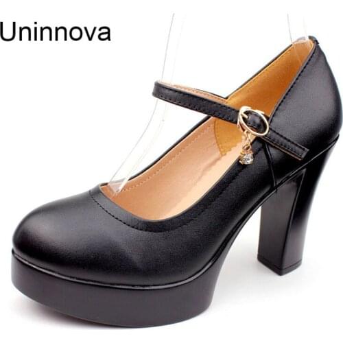 Mary Jane Top Genuine Leather Business Shoes Platform Pumps For Women Round Toe Elegant Comfortable Black Shoes Uninnova WP116