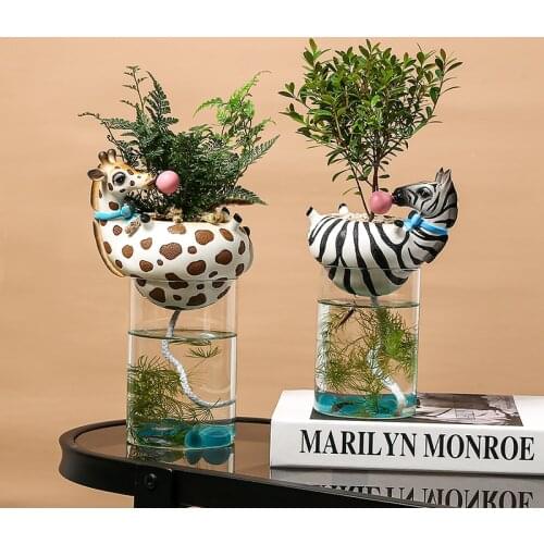 Resin Animal Head Vase with Fish Tank Bubble Natural Cactus Succulent Plants Flower Pots Decoration Zebra Giraffe Creative Craft