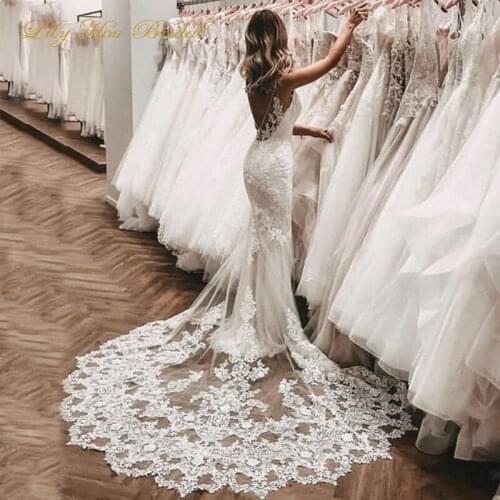 Vestido de noiva 2020 Sexy Backless Mermaid Wedding Dress Spaghetti Straps Lace Appliques Bridal Gowns Sheer Train