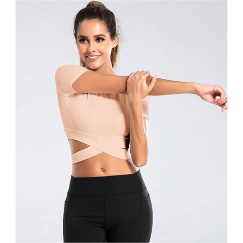 Short Sleeve Cropped Gym Tops Quick Drying Yoga Shirts Women Slim Cross Fitness Running T-Shirt New Naveled Sports Wear 7 Styles