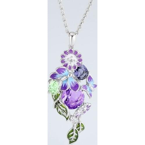 KOFSAC Fashion 925 Silver Chain Necklaces For Women Jewelry Elegant Crystal Purple Butterfly Morning Glory Flower Necklace Girl