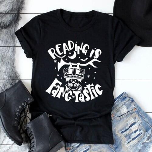 Reading Is Fangtastic T-shirt Women Graphic Reading Top Tee Shirt Funny School Halloween Holiday Gift Tshirt For Teacher Cute