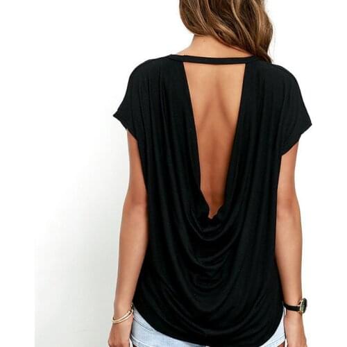 Fashion Open Back T Shirt Women Casual Backless Short Sleeve TShirt Summer Hot Clothing Loose O-neck Tops Tees Black White