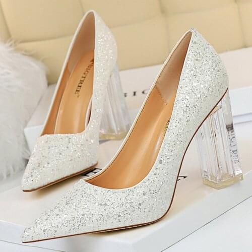 Women 10cm High Heels Glitter Scarpins Gold Sequins Block Clear Heels Pumps Lady Wedding Bridal Transparent Chunky White Shoes