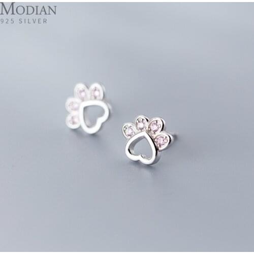 Modian Cute Cat Paw Pattern Stud Earrings for Women And Girl Authentic 925 Sterling Silver Sweet Pink Zircon Fine Silver Jewelry