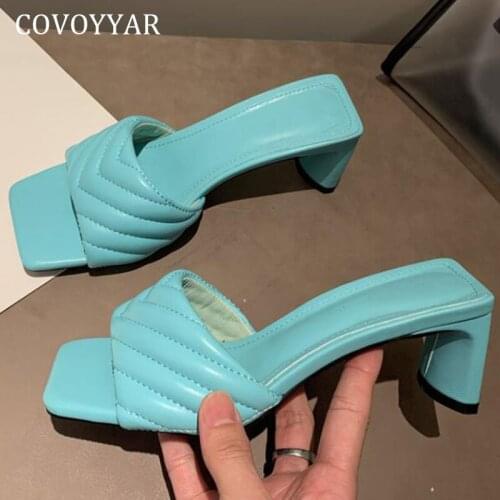 COVOYYAR 2021 Summer Women Slippers Square Toe Thick Heel Lady Mules Fashion Shoes Woman Slides Party Shoes Big Size 42 WSL185