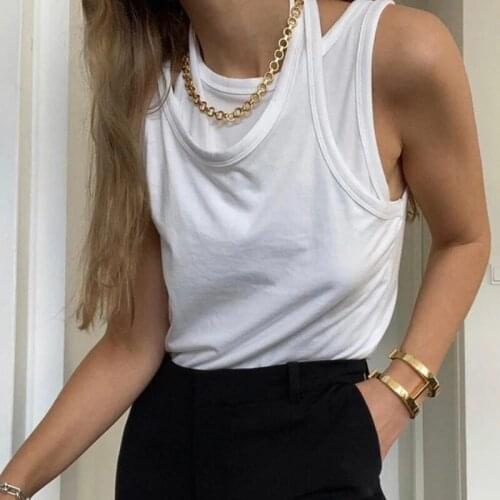 Minimalist Hollow Out Vest for Women O Neck Sleeveless Slim Joker Fake Two Vests Female Neck Clean Color Solid Color Undercoat