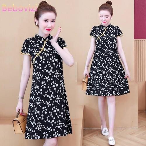 Plus Size M-4XL 2021 Black Daisy Summer Short Sleeve Qipao for Women Chinese Modern Cheongsam Dress Party Traditional Clothes