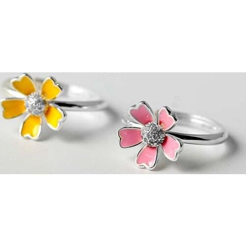 VENTFILLE 925 Sterling Silver Korean Version of Simple Personality Pink Five-petal Flower Zircon Open Ring