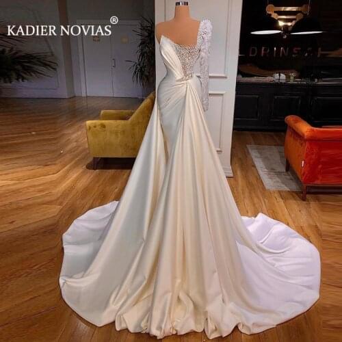 Long Mermaid One Shoulder Long Sleeves Wedding Dresses 2021 Pearls Beaded Robe De Mariee