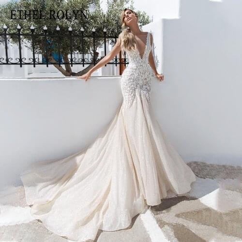 ETHEL ROLYN Mermaid Wedding Dress 2021 Charming Backless Beaded Lace Appliques Bride V-Neck Sleeveless Sparkly Tulle Bridal Gown