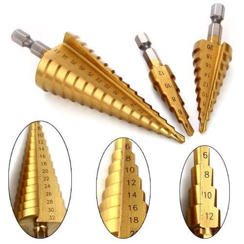 3x HSS Stepped Drill Bit Cutter 4-12 / 20 / 32mm Titanium Steel Drill Drill