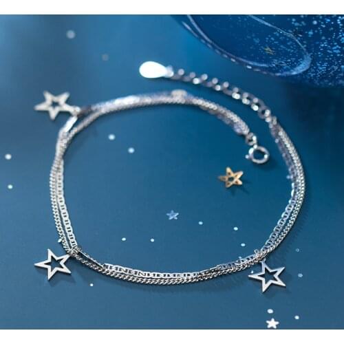 925 Sterling Silver Star Anklets Woman Foot Bracelet Silver Leg Double Layer Chain Socks Jewelry 2021 Trend Gift