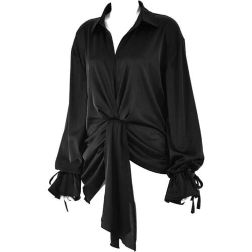 Women Fashion Sexy Shirt Satin Surface Lantern Sleeve Blouse Solid Color V Neck Bandage Top for Daily Wear Office