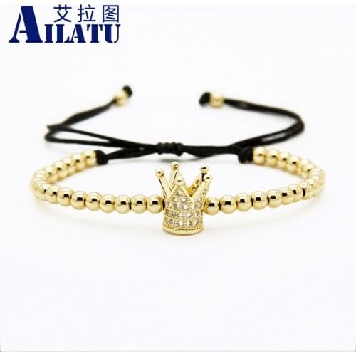Ailatu Brand Men Bracelets Clear Cz Crown Woven Bracelet Wholesale 10pcs/lot 4mm Stainless steel Beads jewelry