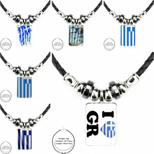 EJ Glaze Greece Flag Fashion Ladies Black Leather Bead Pendant Jewelry Glass Cabochon Necklace Pendant For Women Wedding