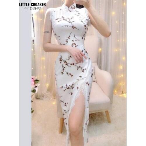 Mandarin Collar Women Chinese White Elegant Dress Women for Wedding Party Long Qipao Vintage Sexy Cheongsam Stage Show Clothes