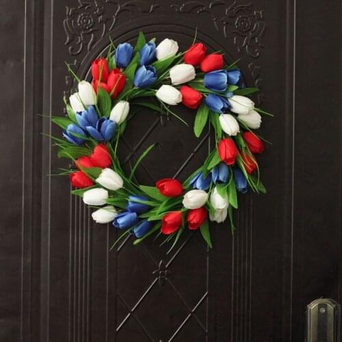 Artificial Tulip Wreath American Independence Day Patriotic Wreath for Front Door Wall Window Wedding Party Home Decor