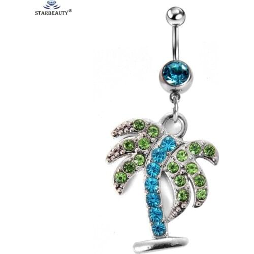 Cool Blue Green Coconut Tree Belly Ring Navel Piercing Ombligo Stainless Steel Jewelry Piercing Leaf Belly Button Rings Ornament