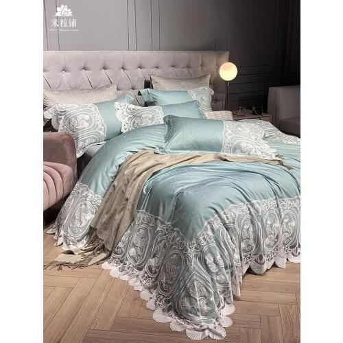 4/6Pcs Bedding Set Queen Size Luxury Bed Linen Euro Blue Lace Edge Cotton Duvet Cover Flat Sheet Set Bedspread