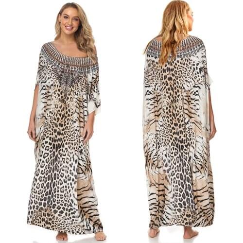 Leopard Print Swimsuit Cover up Plus size Bohemian Maxi Dress Pareos de playa Mujer Kaftan Dress Sarong Tunic for Beach Swimwear