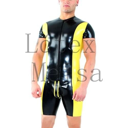 Latex zentai short sleeve catsuit males zentai attached cod piece andwith front zip to ass main in black with yellow trim color